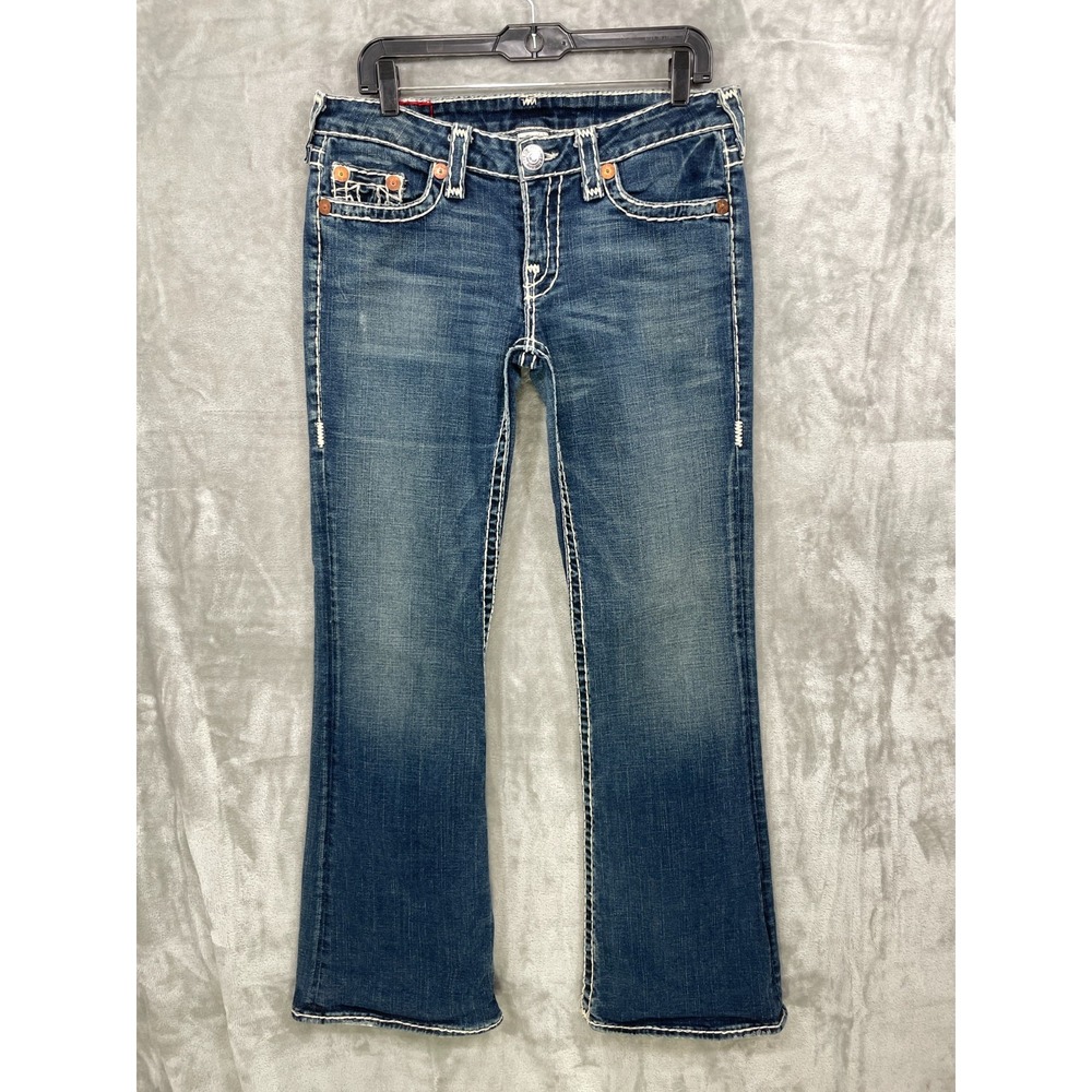 True Religion Bobby Super T Jeans Womens 32 Medium Wash Low Rise Bootcut Stitch